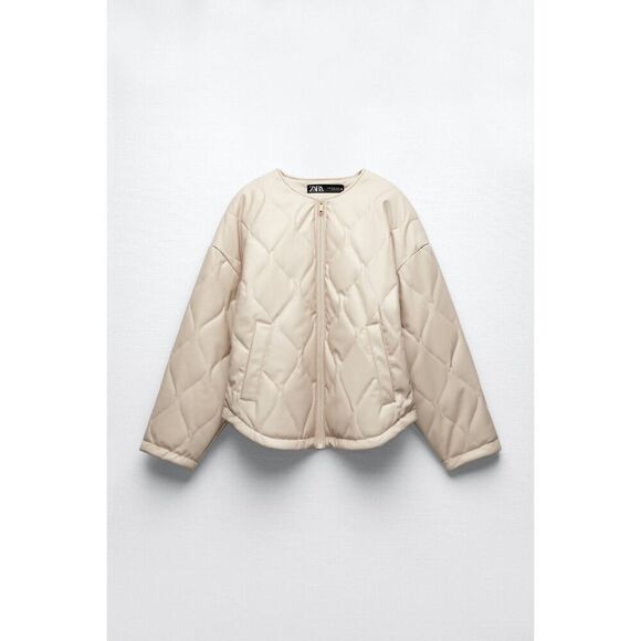 Cream Zara Quilted Pattern Faux Leather Puffer Jacket (NWT) - Picture 7 of 11
